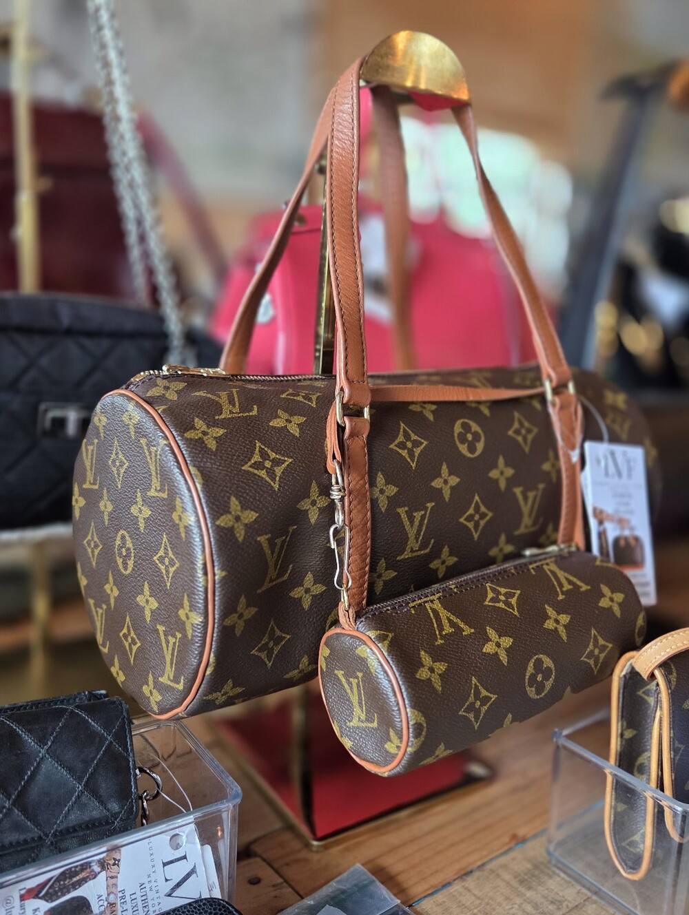 Louis vuitton monogram Papillon Shoulder Bag & Mini Pouch, 80s, Excellent Cond
